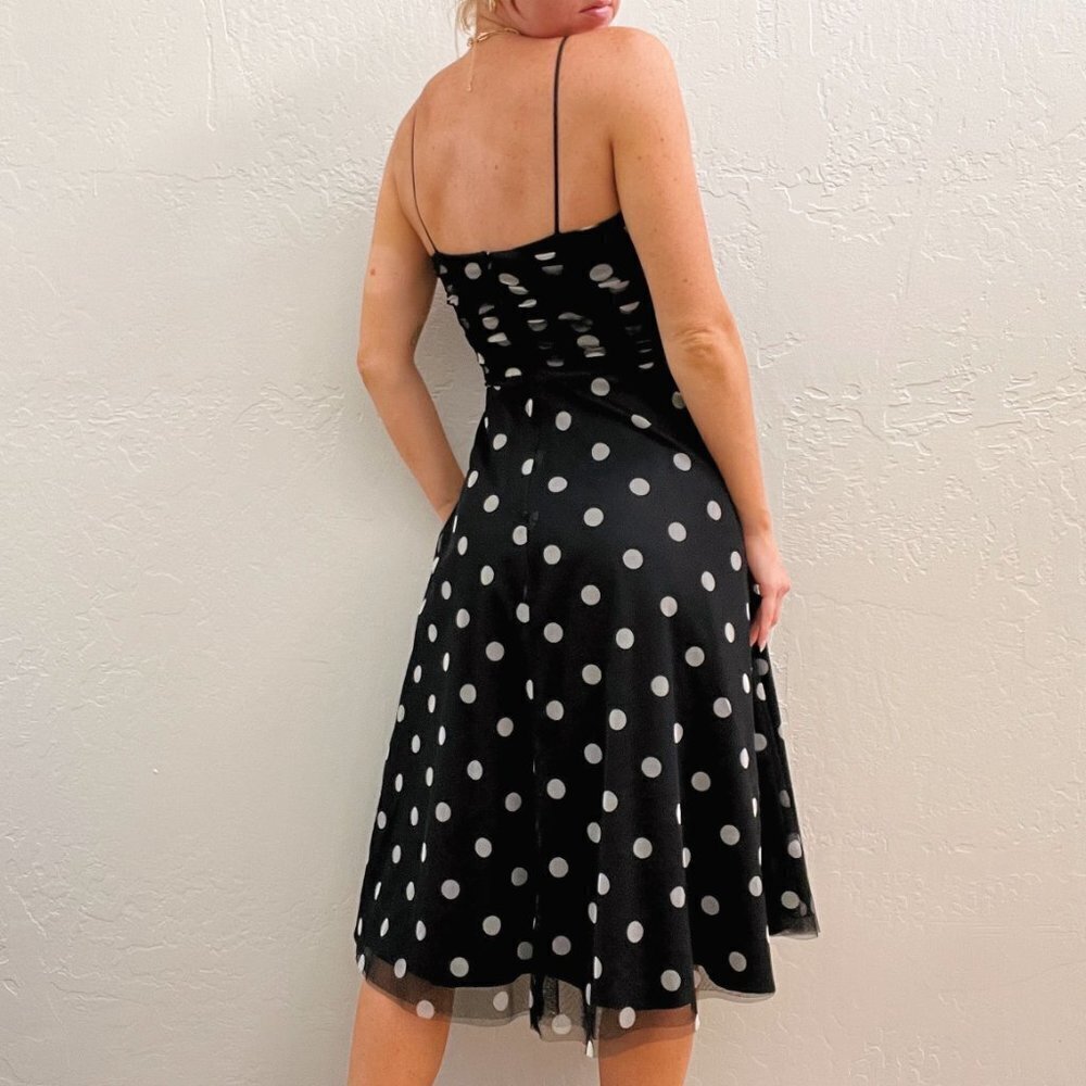 Vintage 90s/Y2K Eliza J Black Polka Dot Ruched Chiffon Fit Flare Midi Dress - Picture 11 of 12
